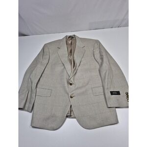 VTG Sansabelt Blazer Mens 44 Short Beige 100% Silk Check Sport Coat USA NWT